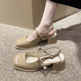 2024春夏季玛丽珍鞋，子女中跟一字带包头凉鞋，女粗跟单鞋方头高跟鞋