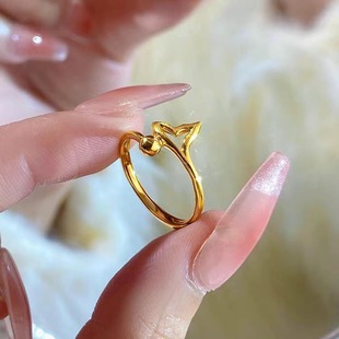 黄金鱼尾戒指女 999足金素圈活口设计高级感时尚个性指环生日礼物