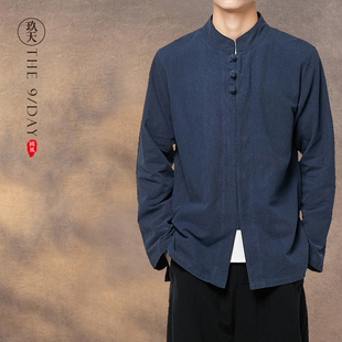 中国风男装秋冬盘扣长袖，衬衫中式亚麻衬衣中华立领，外套唐装居士服