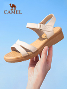骆驼女鞋2023夏季凉鞋真皮软底，中老年舒适坡跟，魔术贴时装凉鞋女子
