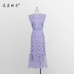 夏季QS0864女装023款气质两件套2蓝色蕾丝上衣纱裙长裙裙新子套灰
