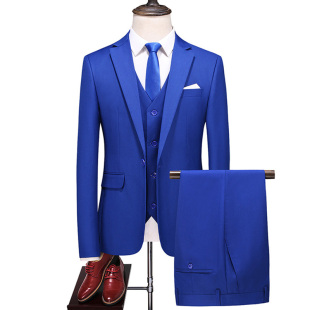 宝蓝色西装男士修身大码西服三件套休闲纯色商务，职业外套马甲西裤