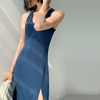 2022夏装蓝色连衣裙女气质修身高腰显瘦开叉无袖性感背心裙子