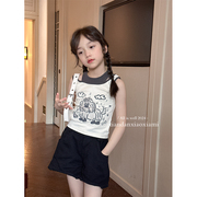 咸蛋小虾米韩国夏装女童卡通纯棉假两件吊带背心儿童无袖T恤上衣