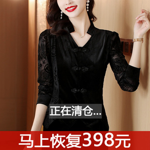 新中式国风盘扣上衣女长袖春秋，款金丝绒衬衫，黑色显瘦蕾丝洋气小衫