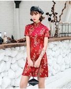中国风旗袍短款盘扣修身显瘦少女，新娘结婚礼服，织锦缎民族风新年