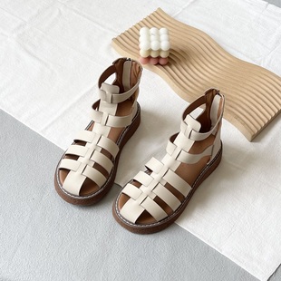 夏季罗马风凉鞋学生女鞋，露趾平跟软底舒适编织高帮，日系厚底鞋