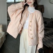 韩系少女粉色面包棉服外套，女秋冬2023洋气宽松圆领单排扣棉衣