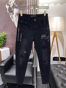 高端欧货潮牌流行黑色牛仔裤男士秋季拉链拼接印花个性小脚裤