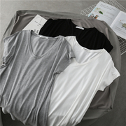 v领莫代尔白色短袖t恤女夏季韩版宽松纯色，百搭基础款薄款上衣