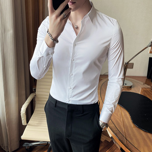 男士长袖衬衫男韩版弹力修身薄款短袖衬衣男纯白色，衬衫西装打底衫