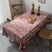 植物花鸟桌布美式乡村餐桌布仿棉麻，布艺橘色印花长方形