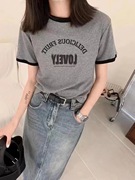 高级气质灰色撞色字母短袖T恤 夏季韩系chic休闲小众短款小衫