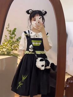 原创设计  中国风熊猫大蝴蝶结花苞背带裙2023刺绣学生吊带裙