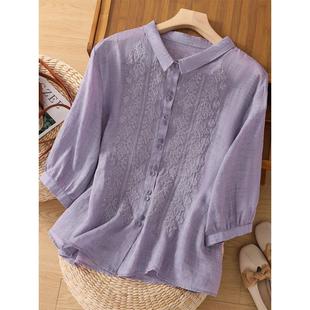 紫色亚麻短袖衬衫女七分袖，棉麻上衣苎麻，高端妈妈夏装2024小衫