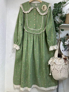 森女系甜美蕾丝娃娃领绿色碎花，连衣裙复古田园，风棉麻裙子日系长裙
