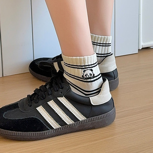 韩国袜子女短袜2024春夏季条纹黑白熊猫薄棉袜，可爱卡通短款低帮袜