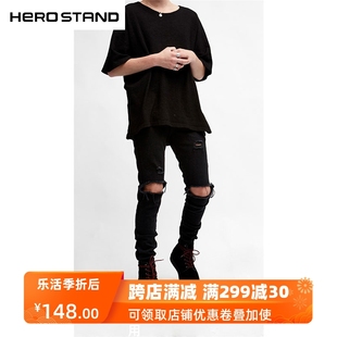 #hs高品质destroyedpants百搭纯黑色，破洞修身弹力小脚牛仔裤男潮