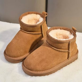 儿童真皮雪地靴女童棉靴2023冬季加绒保暖男童，短靴防滑底冬靴