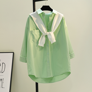 豆沙绿披肩两件套中长款衬衫，女春季糖果色，文艺衬衣上衣潮
