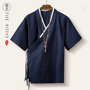 夏季中国风男短袖棉麻，汉服道服道袍古装茶禅服中式居士服古风衬衫