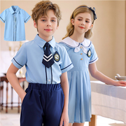 男童蓝色短袖衬衫校服衬衣英伦，学院半袖女童，短裙短裤藏蓝色幼儿园