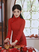 红色旗袍小个子短款新中式国风，少女学生拜年服结婚新娘敬酒服女冬