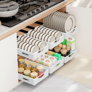 厨房抽拉碗碟置物架橱柜内免安装碗架拉篮，抽屉式放碗柜沥水碗盘架