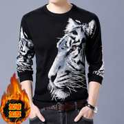 冬季男士加绒加厚花式毛线上衣 创意个性3D大老虎图案保暖打底衫