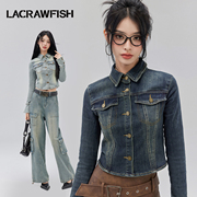 LA CRAWFISH美式复古辣妹水洗喇叭袖修身显瘦牛仔衬衫外套女冬季