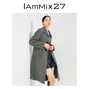 iammix27冬季双面呢大衣女个性撞色千鸟格羊毛羊绒，混纺毛呢外套女