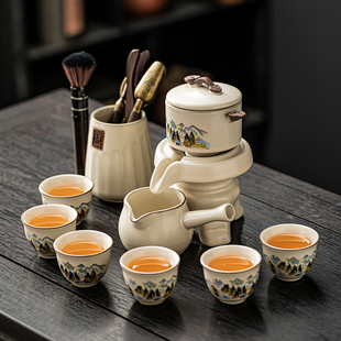 汝窑懒人茶具套装家用陶瓷，功夫茶杯茶盘喝茶防烫石磨自动冲茶神器