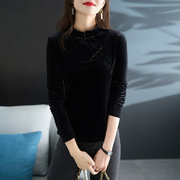 黑色金丝绒复古盘扣衬衫女2023秋季中国风优雅设计感长袖上衣