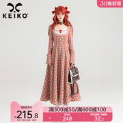 KEIKO 法式复古红色格子鱼骨连衣裙春夏气质方领收腰显瘦大摆长裙
