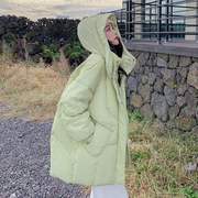 绿色连帽白鸭绒羽绒服女冬韩版中长款小个子加厚面包服常规长袖