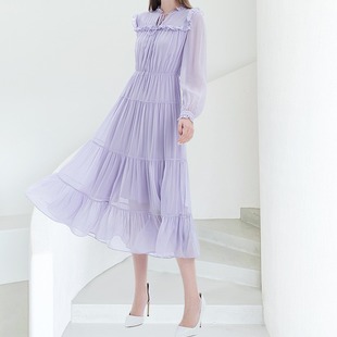 法式优雅长袖连衣裙2024夏季气质名媛，收腰显瘦紫色仙女长裙子