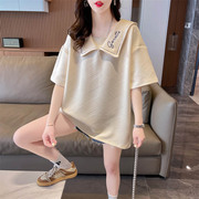 短袖t恤女夏装娃娃，领韩版宽松大码中长款华夫格洋气设计感上衣服