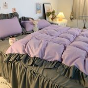 韩式公主风珊瑚紫纯色四件套水洗棉荷叶花边被套床裙单人床三件套
