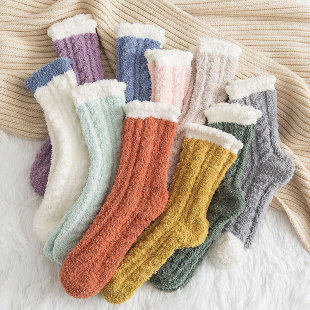 珊瑚绒袜女加绒睡眠袜保暖毛绒长筒秋冬季产后可爱毛巾加厚地板袜