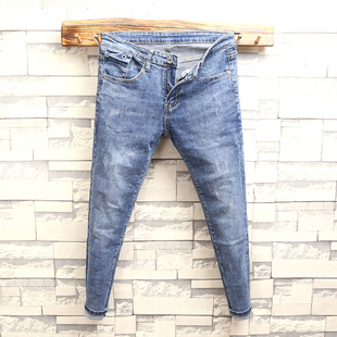 春款 韩版做旧浅蓝修身九分牛仔裤男 个性口袋设计磨白小脚裤