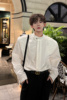 春装小众解构分割立领设计感白衬衣男垫肩韩版金属设计高级感衬衫