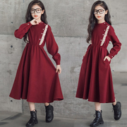 女童红色连衣裙秋冬款中大童冬裙小女孩冬季过年衣服儿童新年裙子
