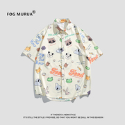 fogmurua美式复古短袖衬衫，男潮夏季宽松休闲潮流，设计感衬衣外套