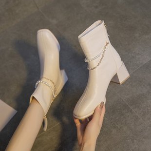 法式白色高跟气质短靴，女春秋季单靴2024粗跟女靴子方头瘦瘦靴
