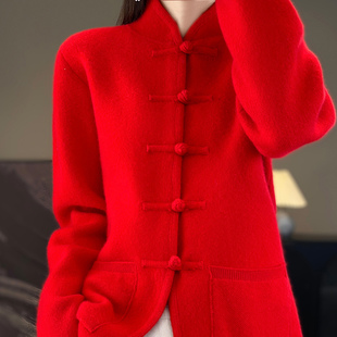 中国风立领羊绒衫女100纯羊绒，开衫中式盘扣，衬衫复古针织红色外套