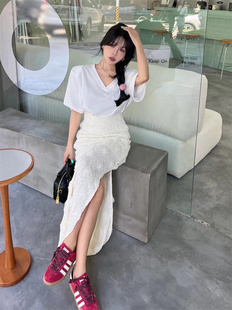 韩国洋气时尚中长款玫瑰花朵开叉高腰半身裙套装小个子白色长裙子