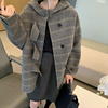 韩国高端双面羊绒大衣女，中长款连帽格子，宽松廓形小个子羊毛呢外套