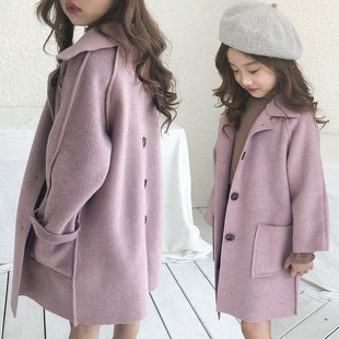 韩国女童秋冬装儿童中长款双面呢洋气大衣，女孩中大童宽松毛呢外套
