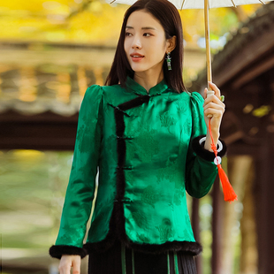 新中式绿色缎面提花加绒衬衫女秋冬款国风立领斜开襟收腰长袖上衣