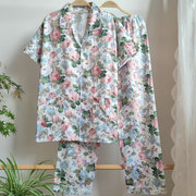韩式100%纯棉斜纹梭织，棉布女短袖夏天薄款全棉布翻领玫瑰花睡衣